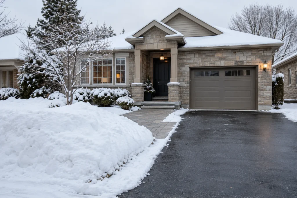 Cleared driveway and entry walk with a snow-storage mound on the adjacent lawn