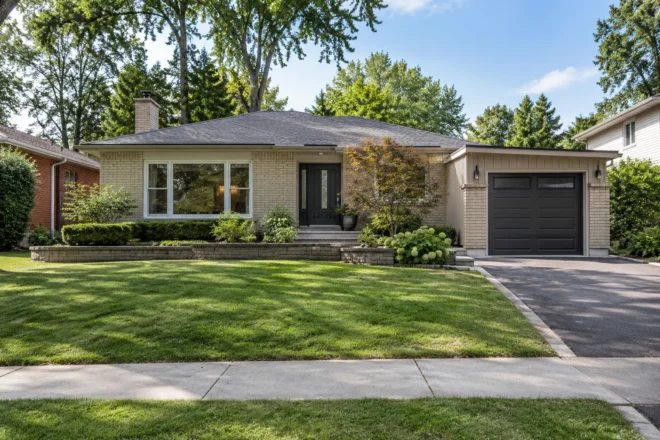 Restrained paver addition beside a cream-brick bungalow driveway and broad retained lawn
