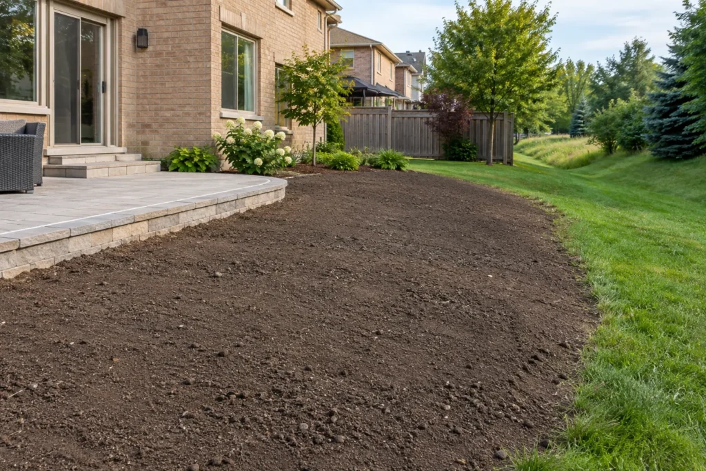 Prepared soil sloping from a finished terrace toward a shallow grass drainage route