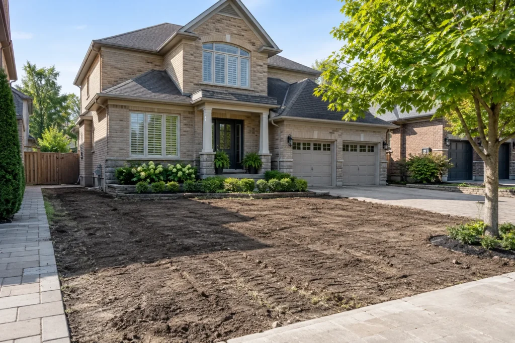 Bare front-yard soil after lawn removal beside a beige-brick house
