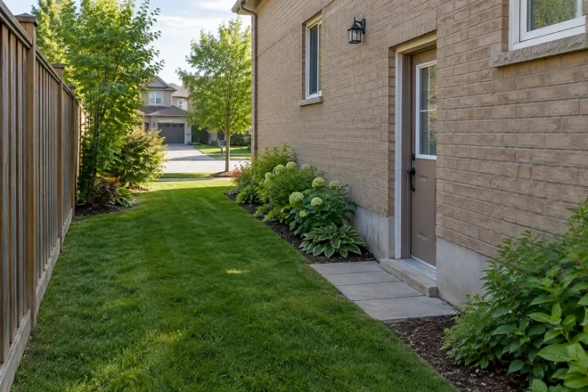 Shallow grass swale beside a tan-brick house