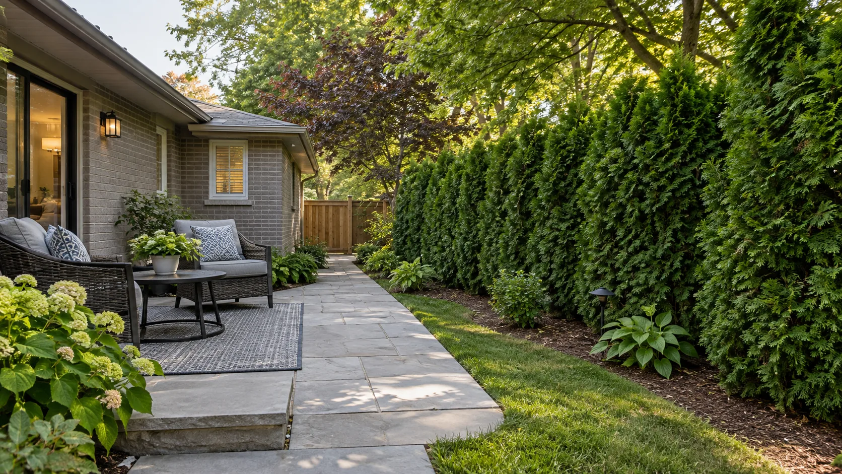 Well-spaced residential hedge forming planted privacy beside a practical outdoor seating area