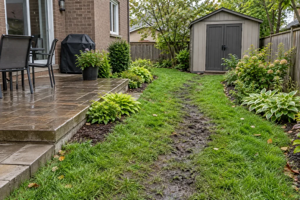 Worn muddy lawn strip connecting a patio with a rear storage shed