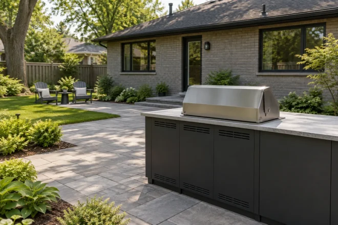 Understated charcoal outdoor kitchen cabinets on a clear stone patio