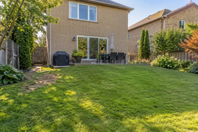 Medium backyard lawn with a localized bare route near a side gate