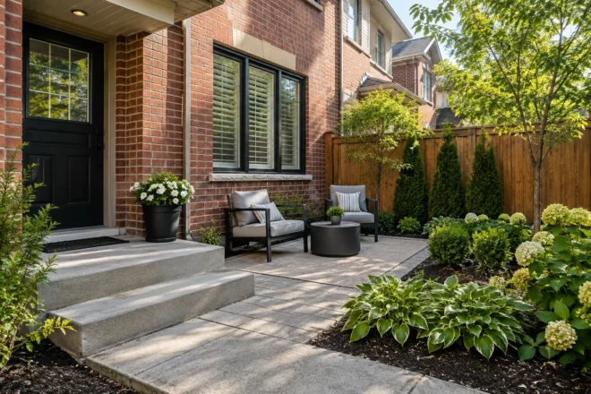 Townhouse seating corner with fence and modest planted privacy