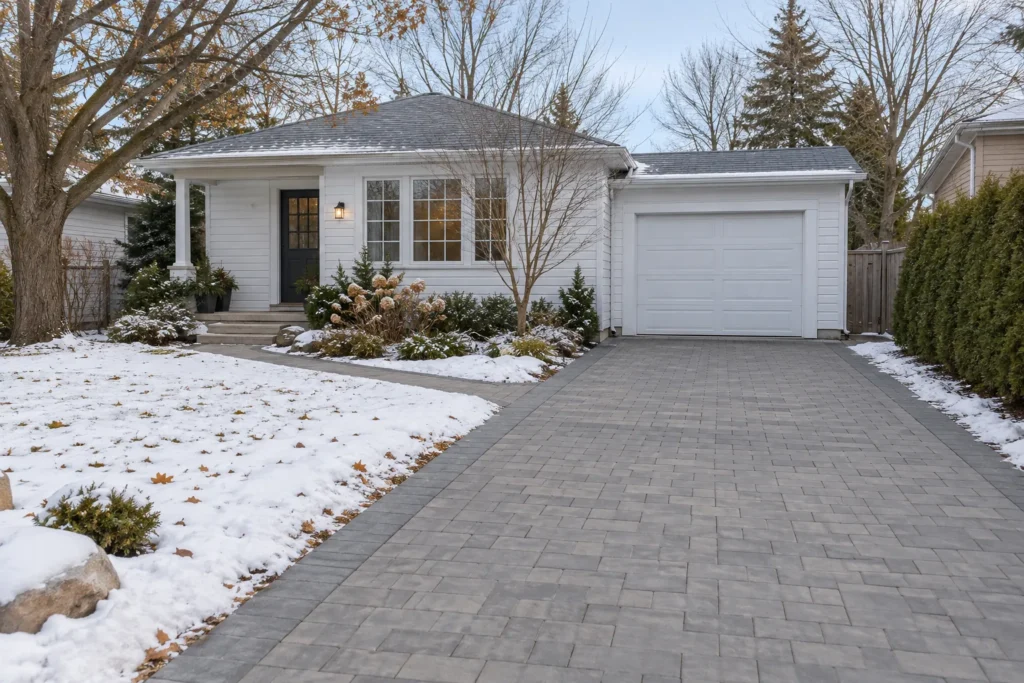 Clear winter paver driveway reaching an attached garage at a white-sided bungalow, beside an open snowy lawn