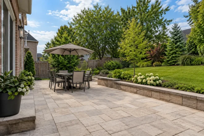 Light paver terrace beside a low garden retaining wall