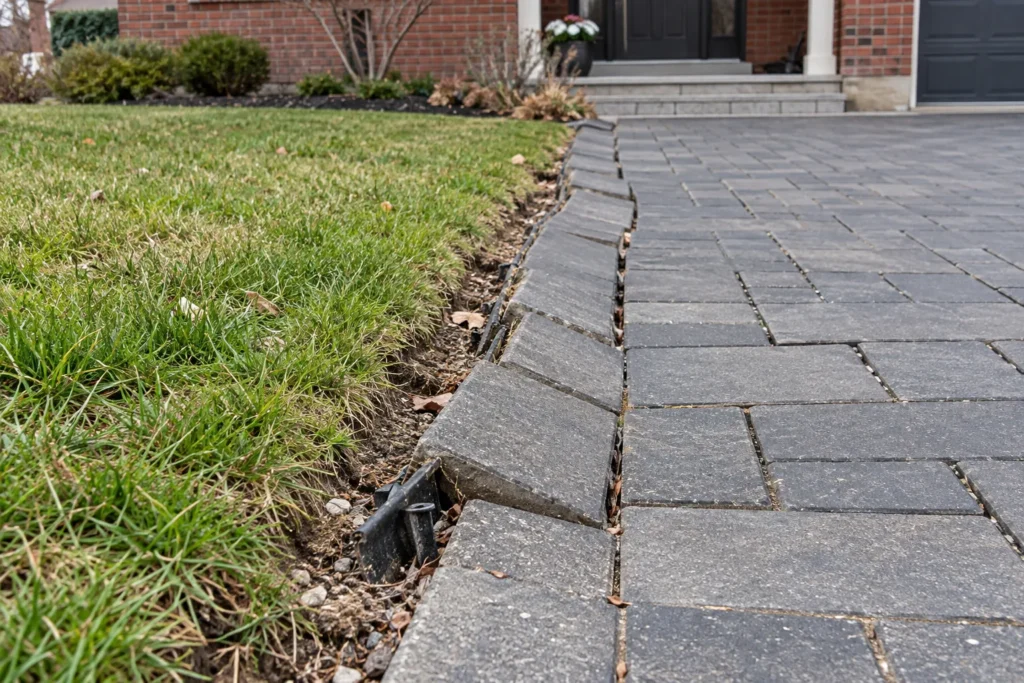 Displaced plastic restraint and spreading edge pavers beside a lawn