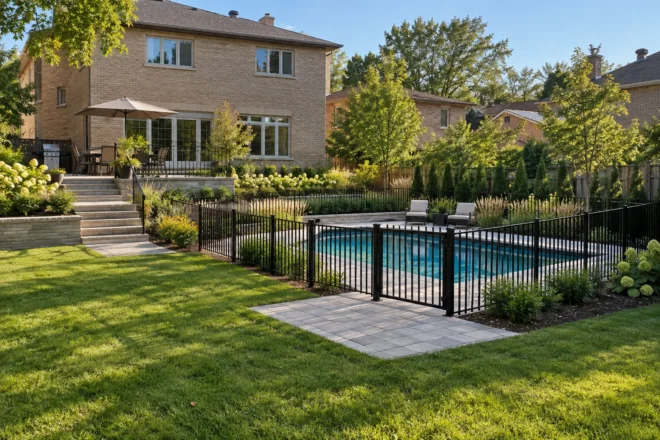 Fenced pool with a broad clear gate landing below a raised house terrace
