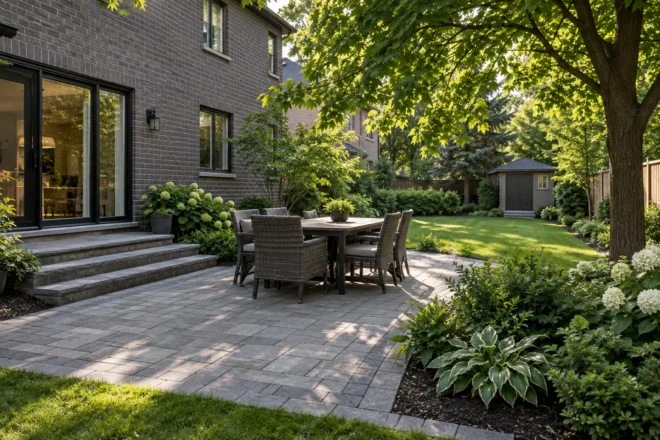 Shaded paver dining patio beside a charcoal-brick house and established garden.