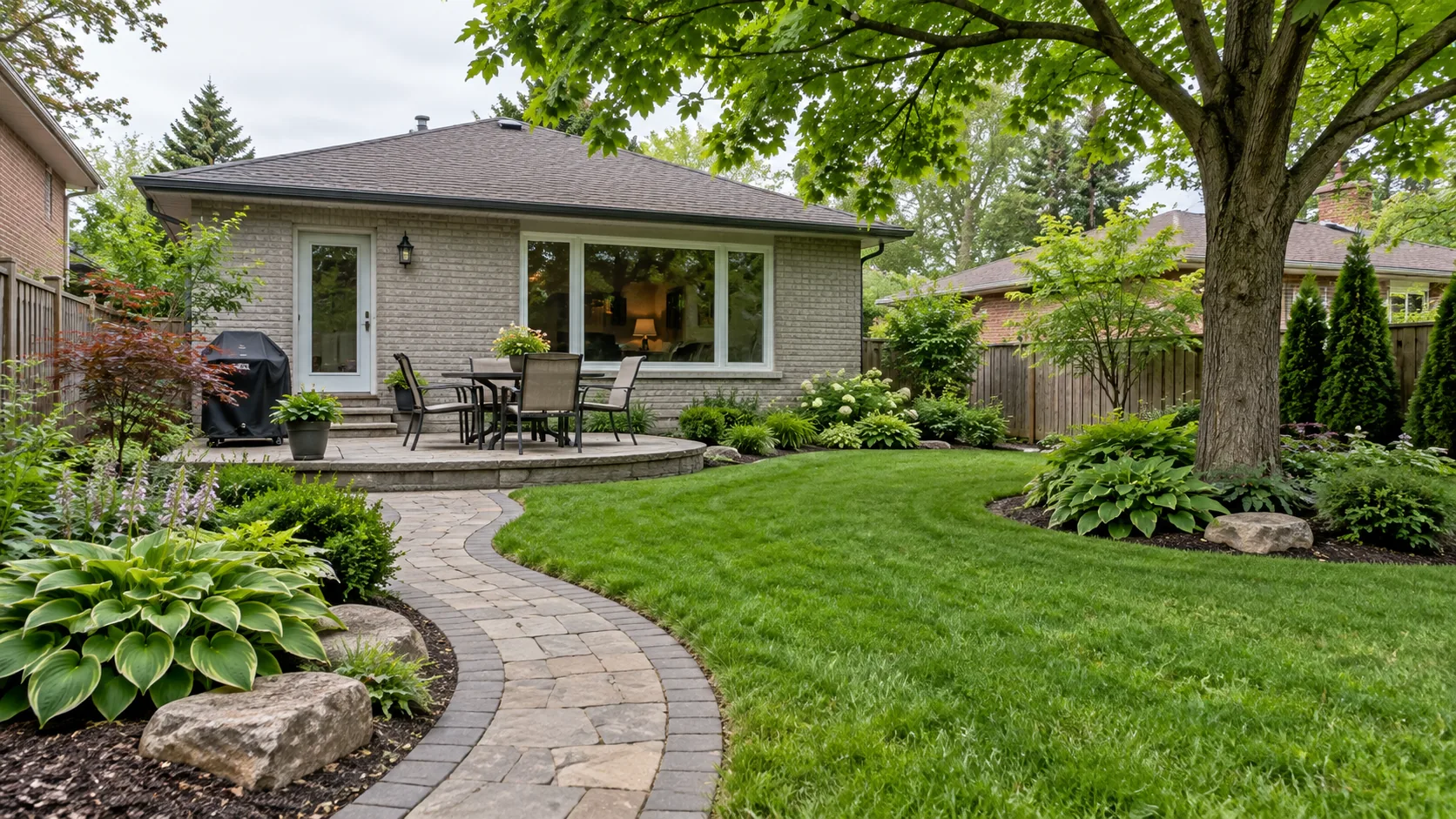 Curving stone path links a bungalow terrace with lawn and shaded garden beds