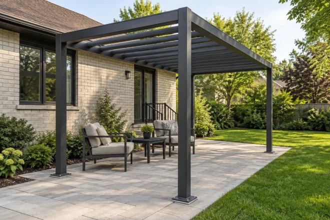 Dark metal pergola with visible anchored posts on a pale paver patio
