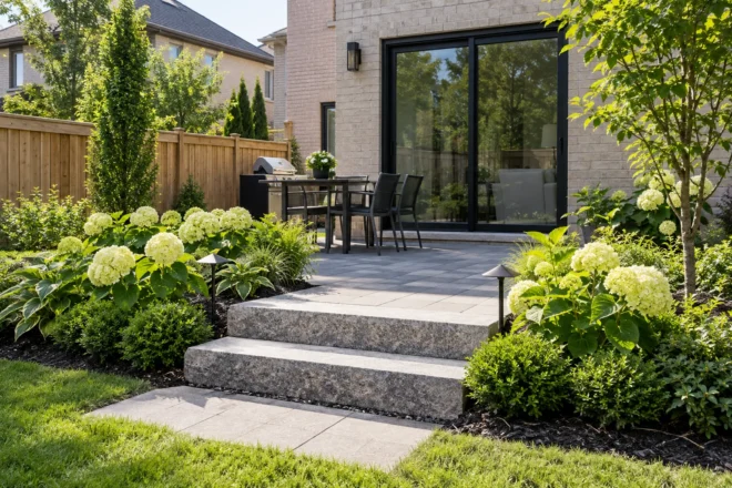 Broad granite steps and landing framed by low planting