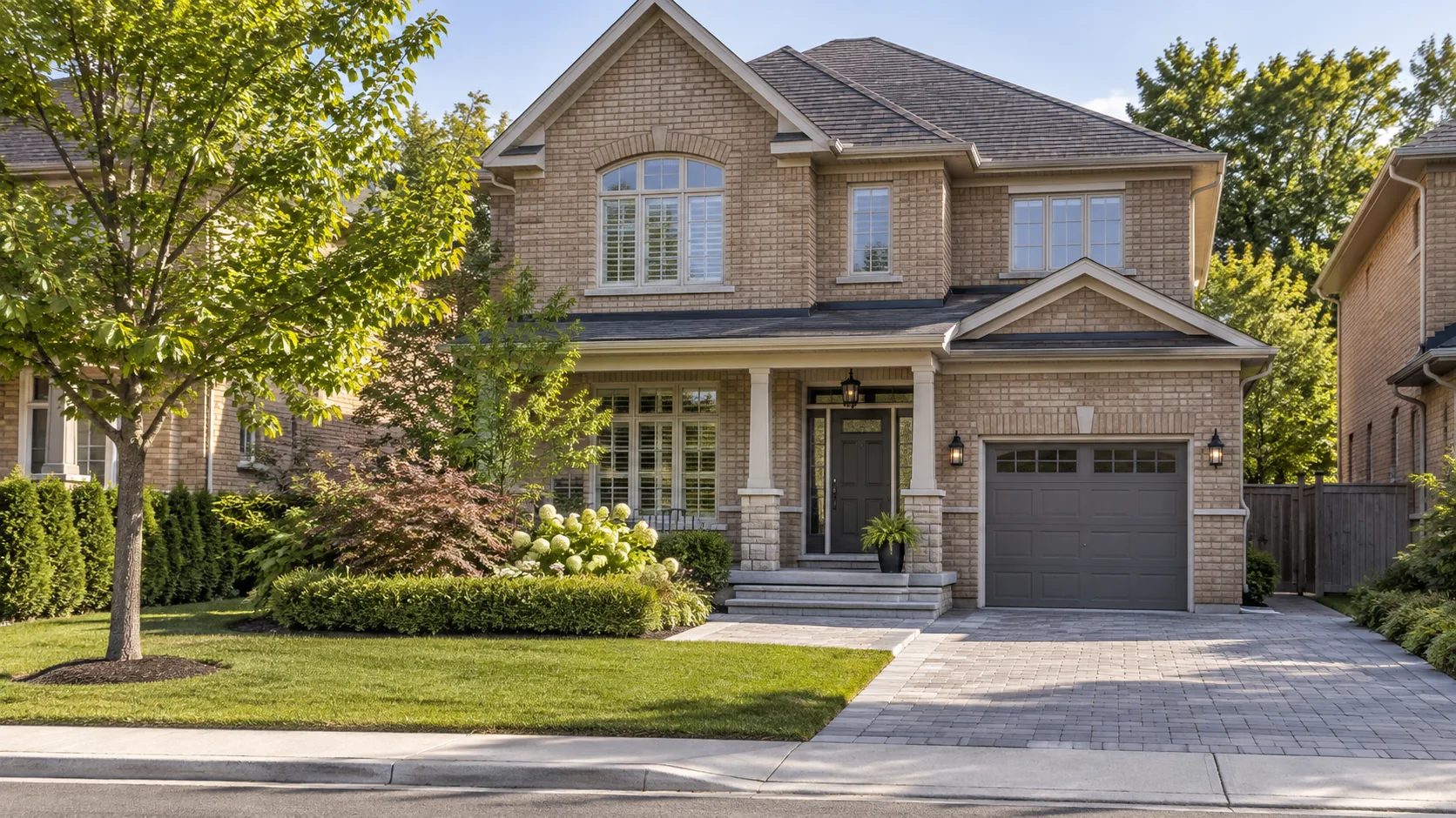 Tan-brick home with coordinated paver driveway, entrance steps, front lawn and planting