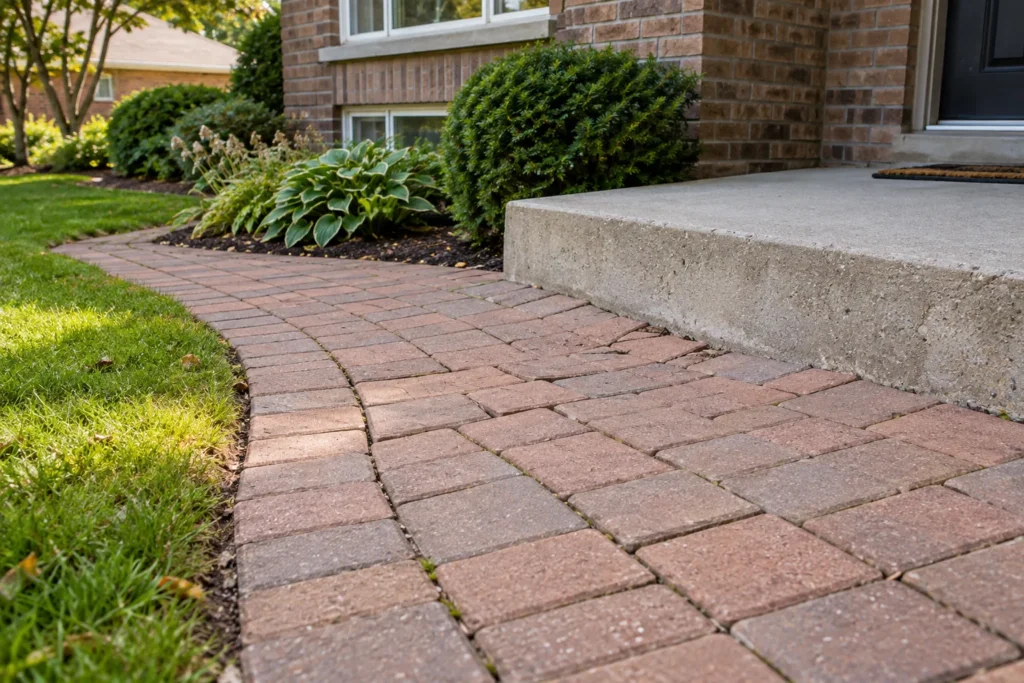 Settled red-brown walkway pavers beside a concrete porch landing