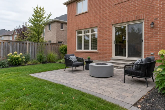Round unlit gas table and two chairs on a small interlock patio behind a red-brick home.