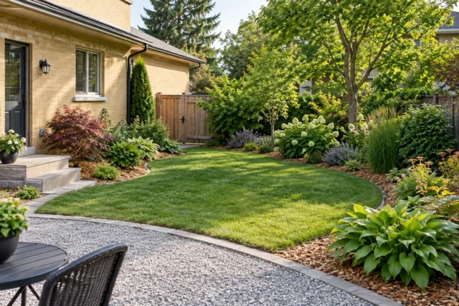 Natural wood mulch around a curved rear lawn at a yellow-brick home