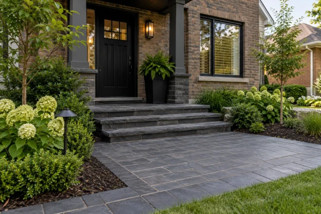 Dark paver entrance with clean joints and low planting