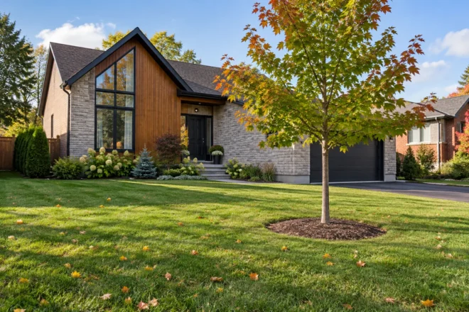 Young shade tree away from driveway edge