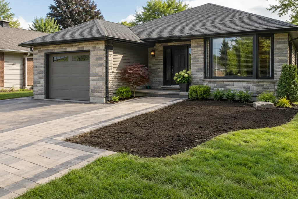 Prepared garden soil beside a completed paver entrance walk