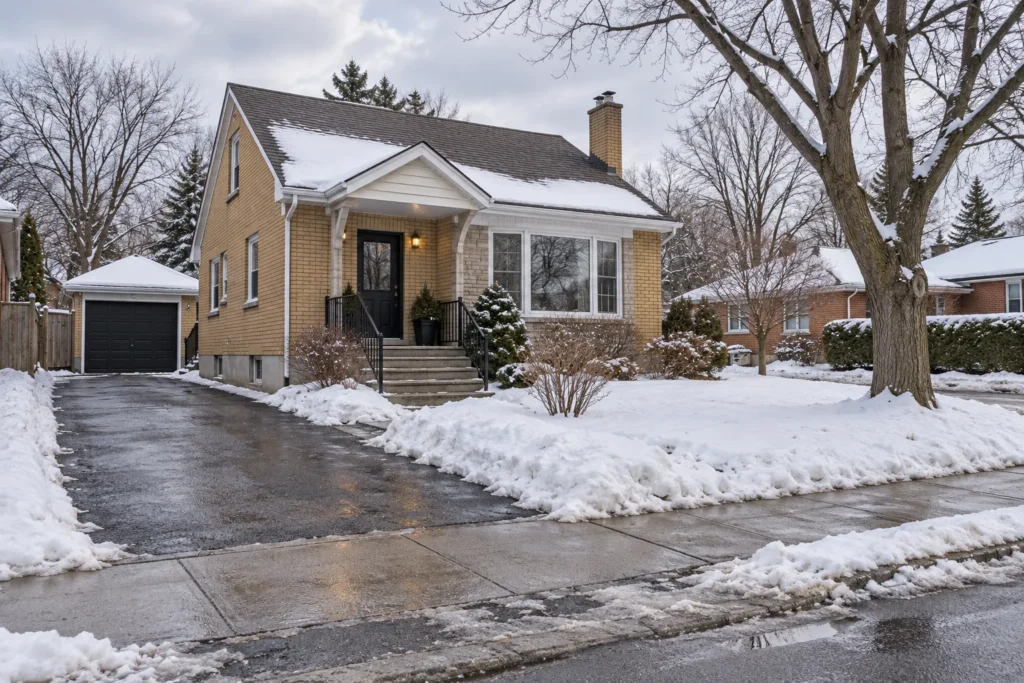 Low snow banks beside a cleared driveway and entrance at a yellow-brick home