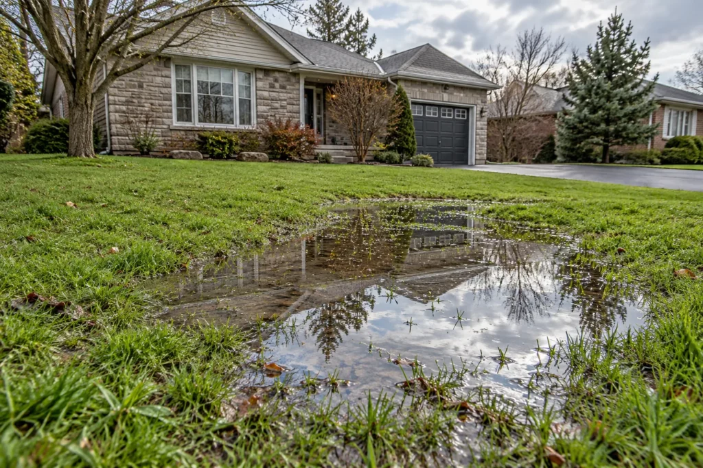 Shallow rainwater pooling in a low front lawn area