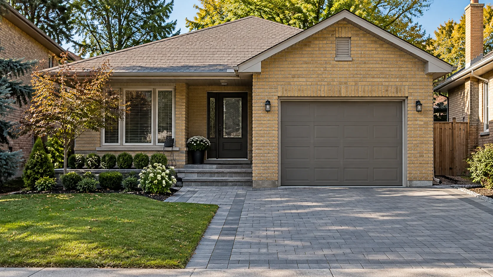 Grey paver driveway meeting a garage and entrance walk at a yellow-brick house