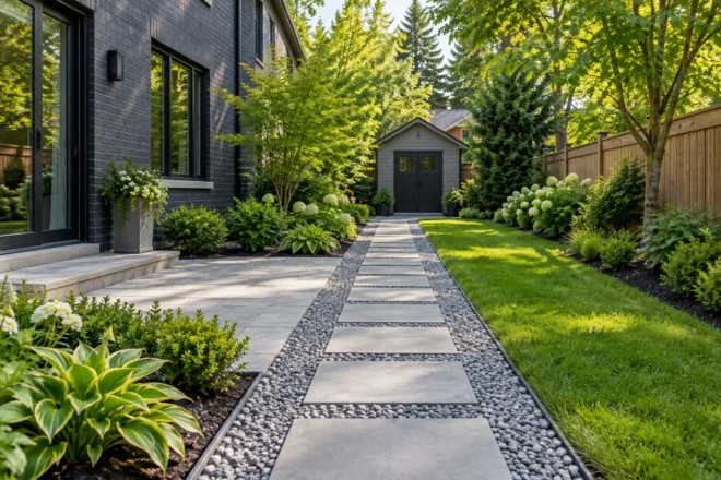 Gravel margins beside a stepping-slab garden path leading to a shed