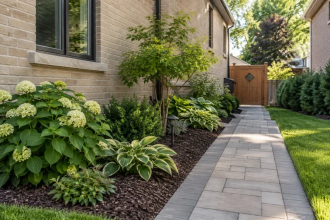 Shaded side bed with mulch and clean path edge