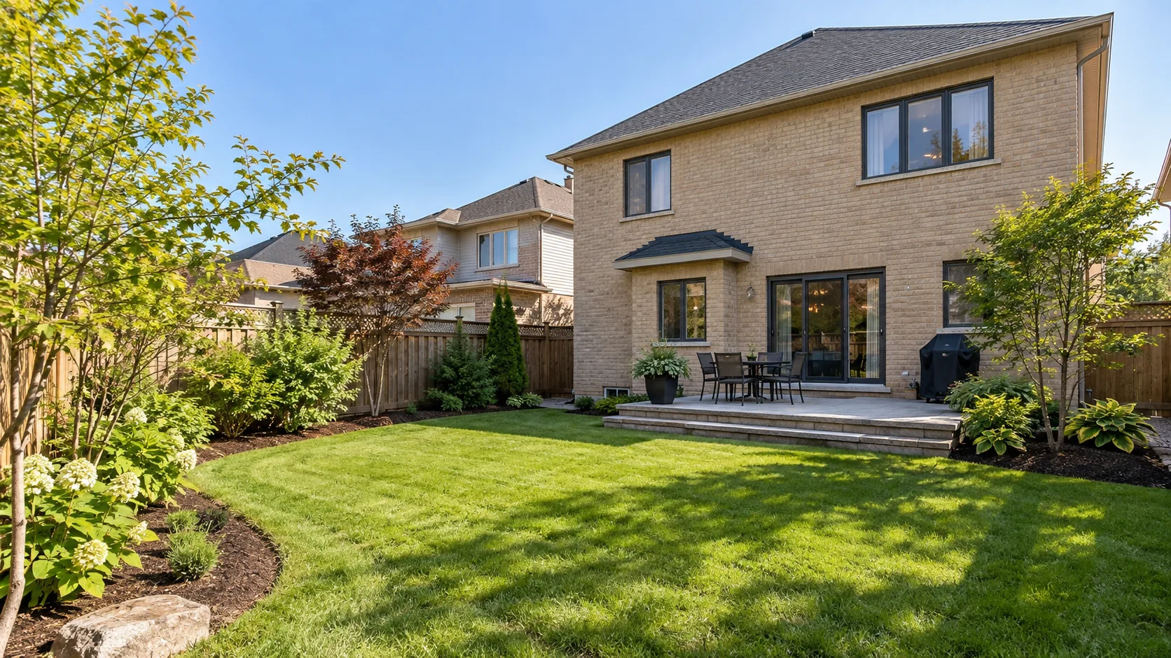 Restrained yard with durable paving, manageable lawn and accessible mulched beds