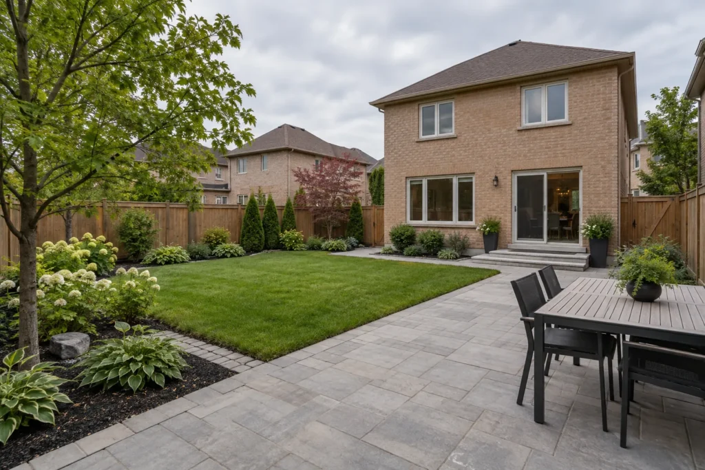 Garden-care path and uncluttered patio edges supporting seasonal upkeep