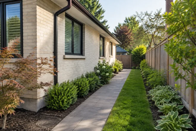 Long narrow planted side garden with a clear paver walk
