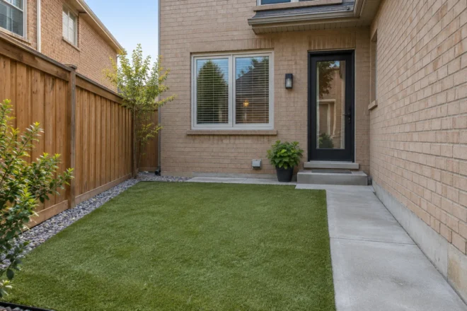 Compact artificial lawn courtyard with a concrete path and gravel edge