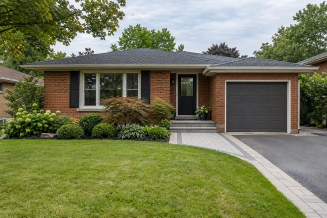Brick bungalow front yard with a direct paver entrance