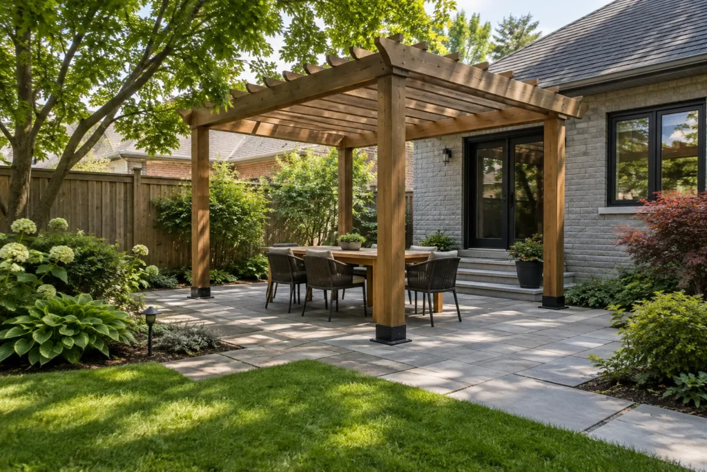 Pergola footprint and dining circulation in one scene