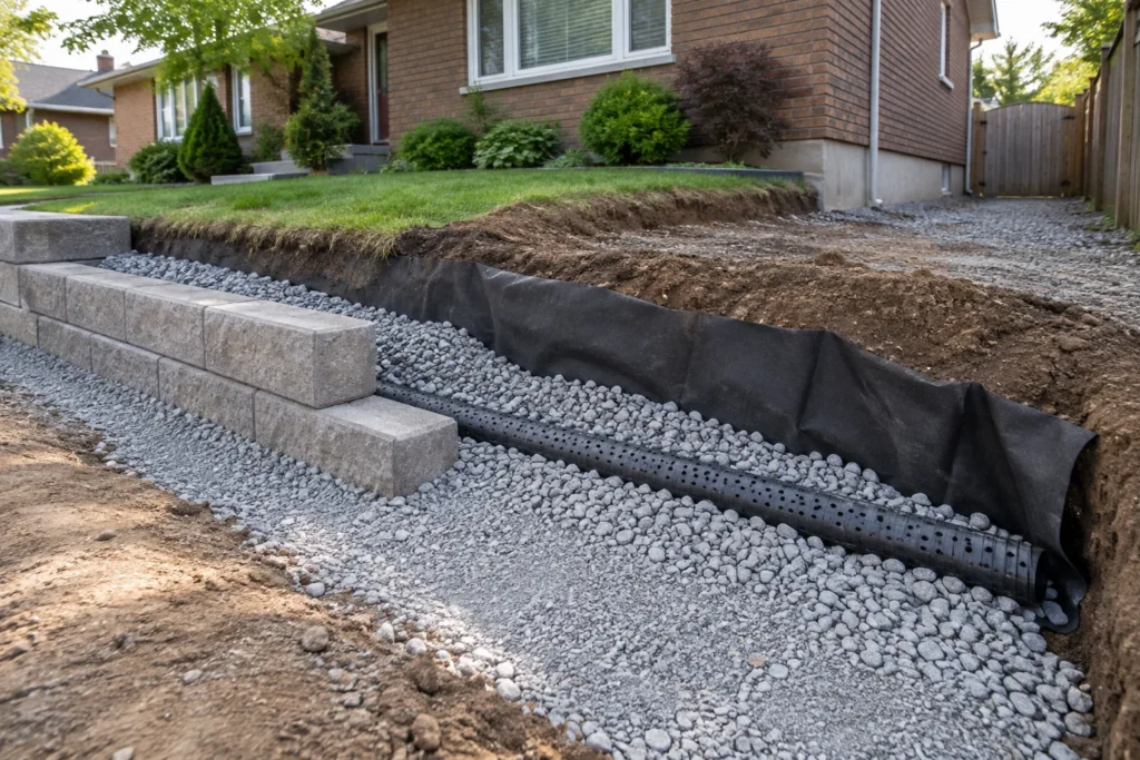 Unfinished low retaining wall with exposed aggregate, drainage pipe and separation fabric