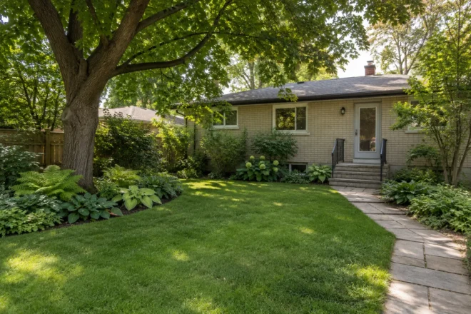 Ordinary bungalow backyard with grass and shaded planting