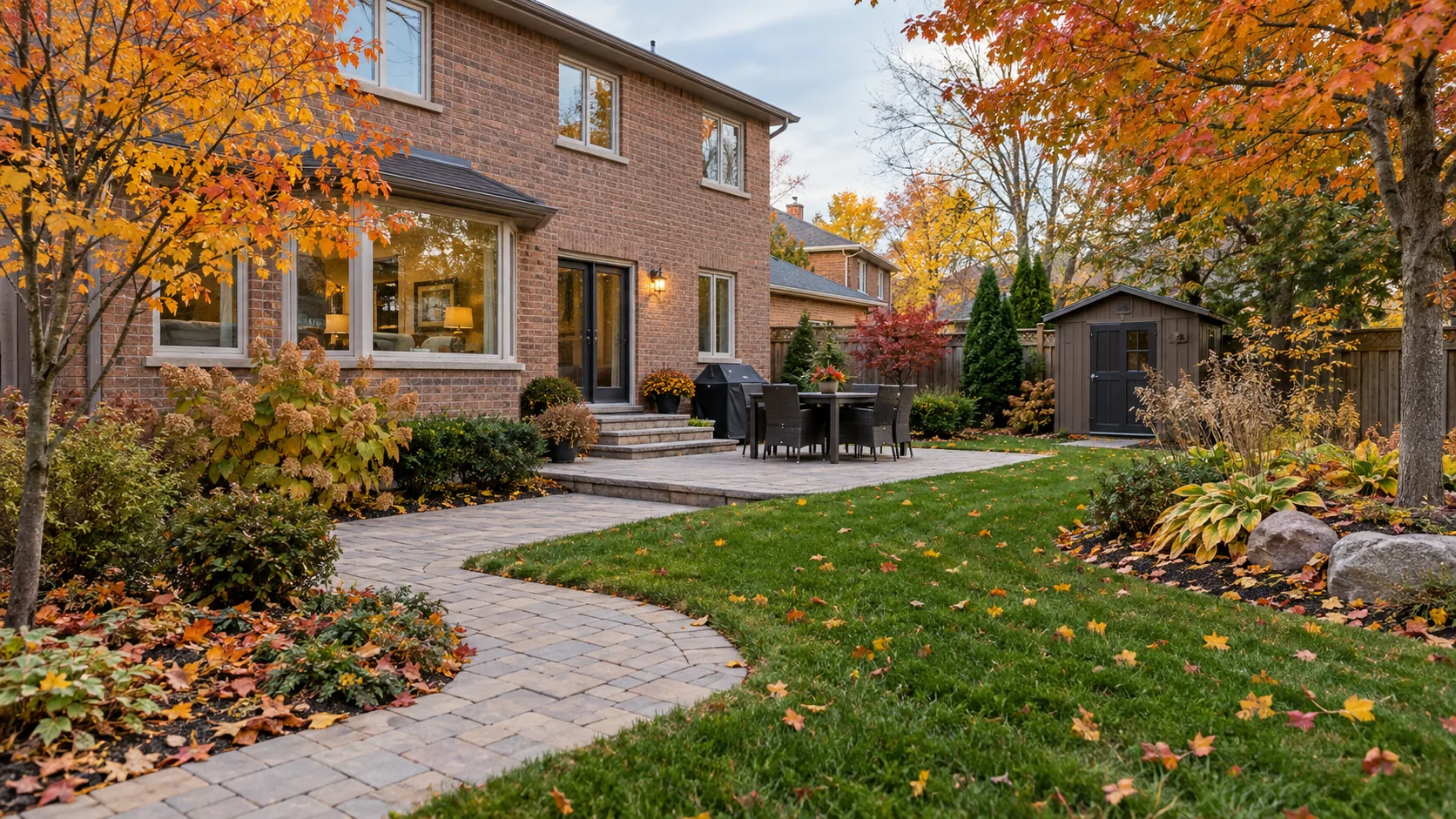 Residential autumn yard with clear entrance, tidy lawn and selectively maintained planted borders