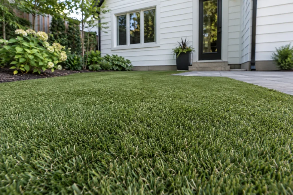 Short artificial turf pile with a discreet level joint beside a garden