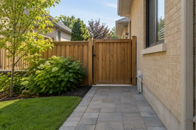 Side access gate beside a brick house
