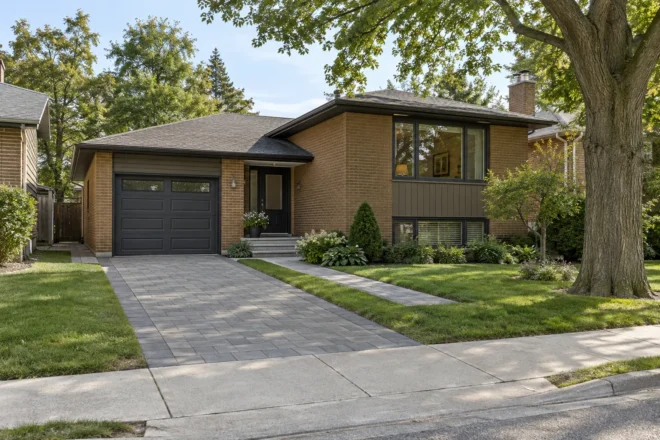 Straight single-lane paver driveway with a separate entrance walk at a brown-brick split-level house