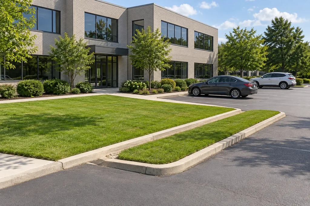 Defined commercial lawn zones beside an office walkway and small parking court.