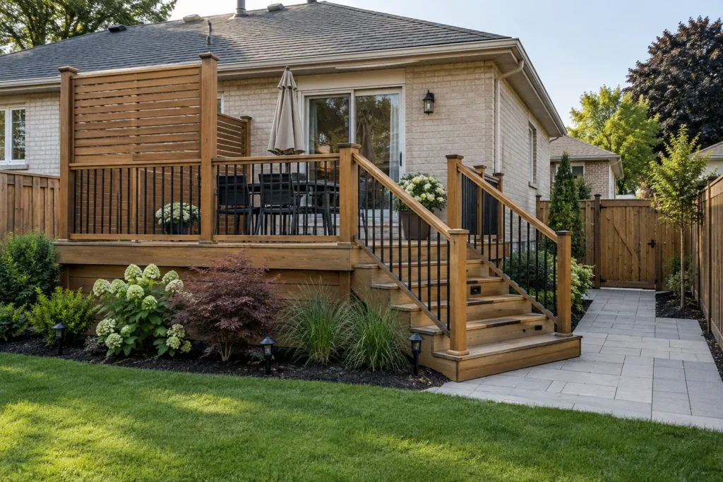 Fence, screen and deck positioned around remaining yard access