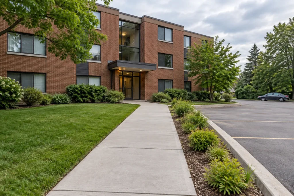 Apartment entry walk separated from the parking court by a low planted strip and curb.