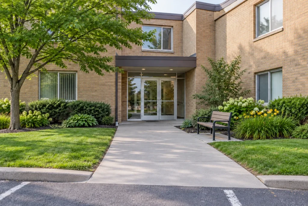 Level concrete approach from parking edge to a low-rise brick building entrance
