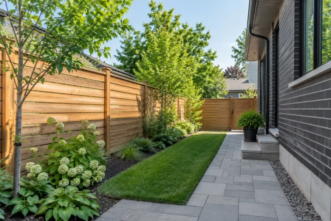 Horizontal wood fence at a modest detached side yard