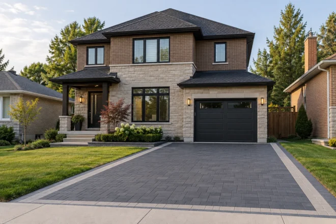 Dark paver driveway, pale outer strip and low front beds at a brown-brick two-storey home with stone accents