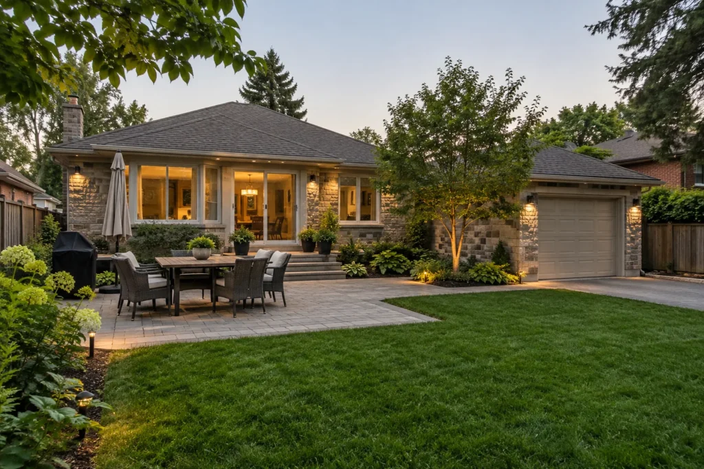 Paver dining area beside a usable lawn and stone-accent bungalow