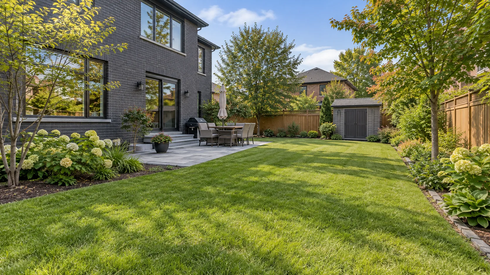 Gently sloped ordinary yard connecting house, lawn and neighbour boundary